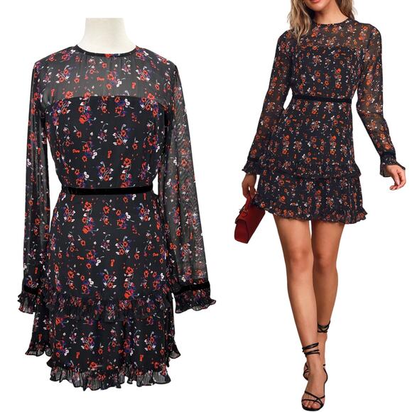 Lulu's Dresses & Skirts - Lulus S Mini Dress Black Long Sleeve Floral Chiffon Ruffle Pleat Sheer Cottage